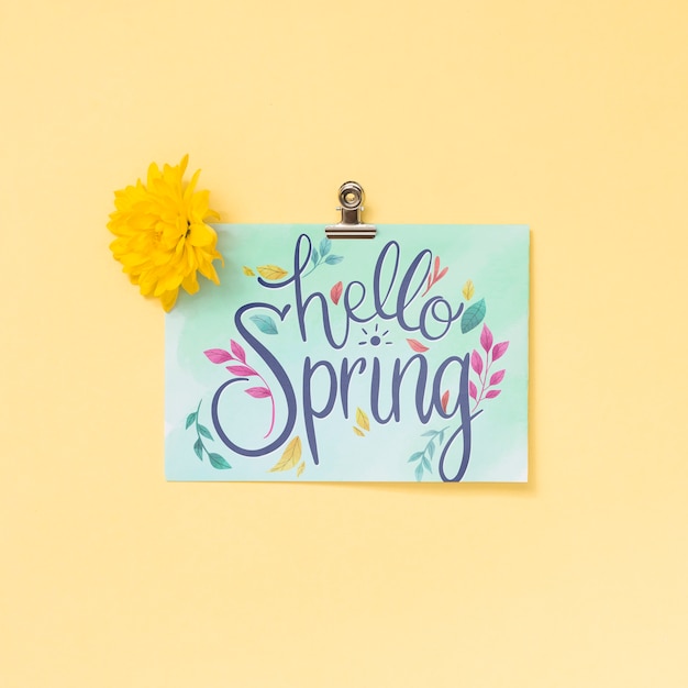 Flat lay spring mockup with greeting card