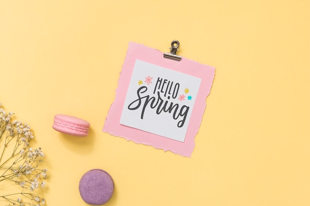 Flat lay spring mockup with greeting card