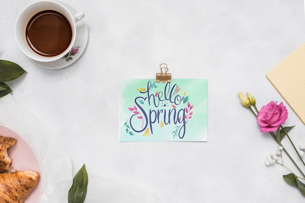 Flat lay spring mockup with greeting card