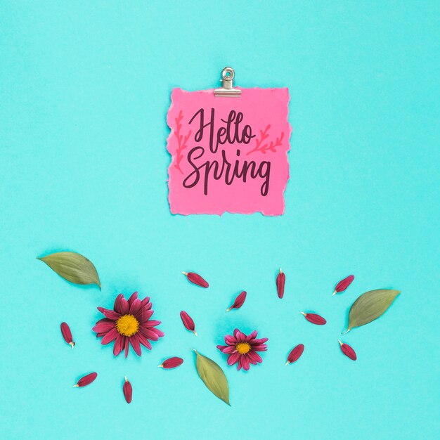 PSD flat lay spring mockup with greeting card