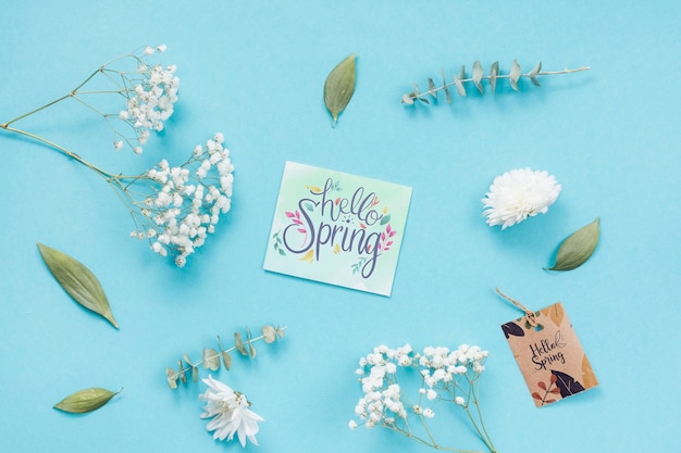 Flat lay spring mockup with greeting card