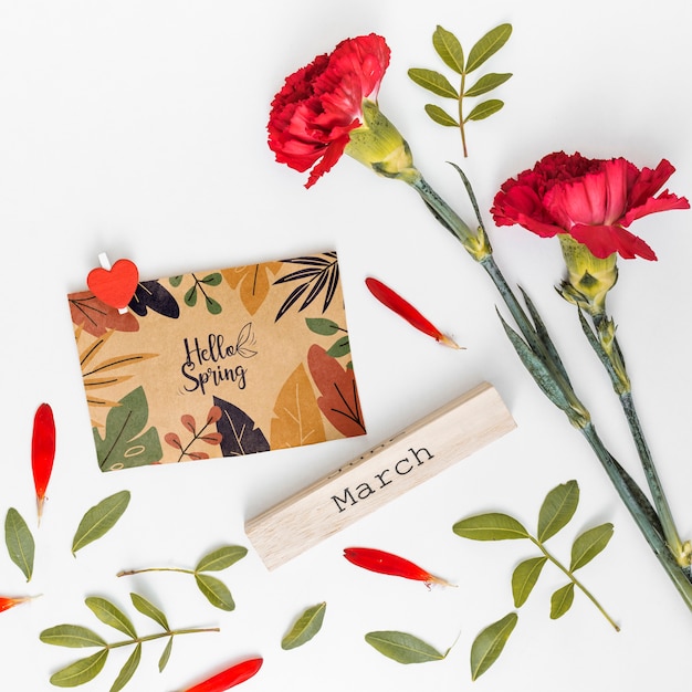 Flat lay spring mockup with greeting card