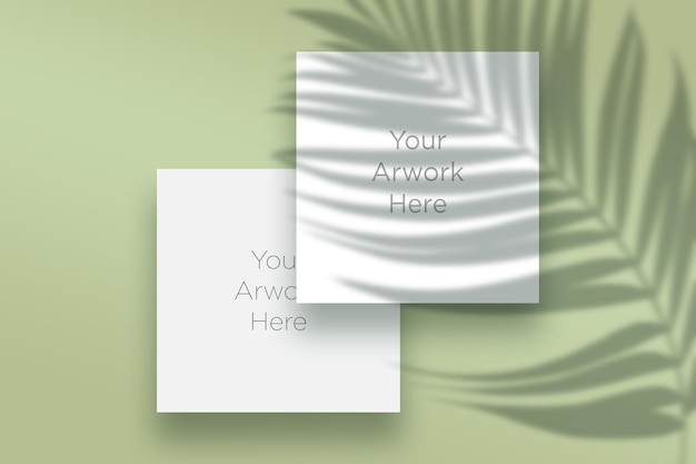 Flat Lay Square Paper Mockup with leaves shadow