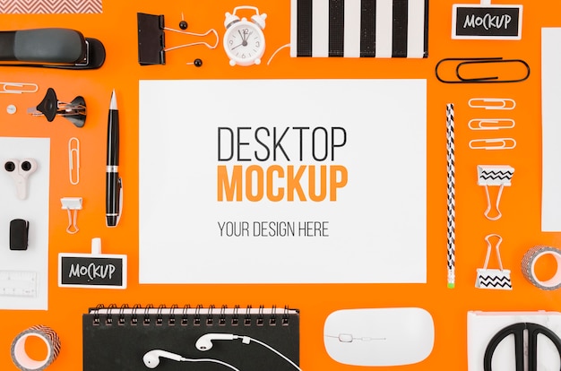 Flat lay stationery mock-up with desk tools