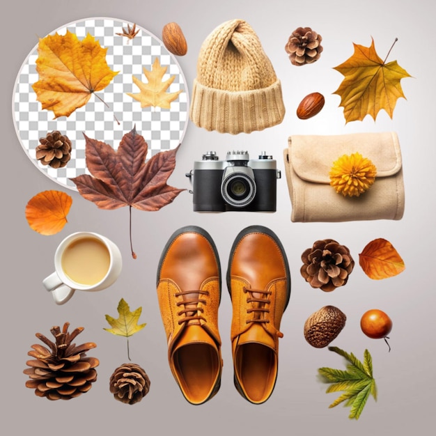 flat layout of forest leaves on transparent background