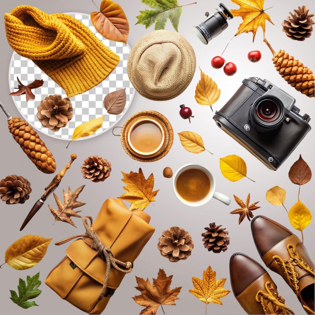 flat layout of forest leaves on transparent background