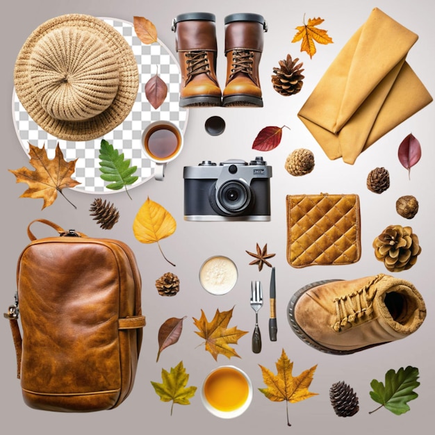 flat layout of forest leaves on transparent background