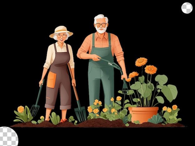 Flat senior man and woman gardening png transparent