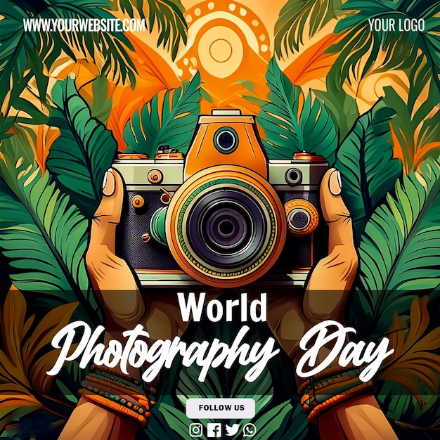 Flat world photography day background Hands holding the camera social media post design