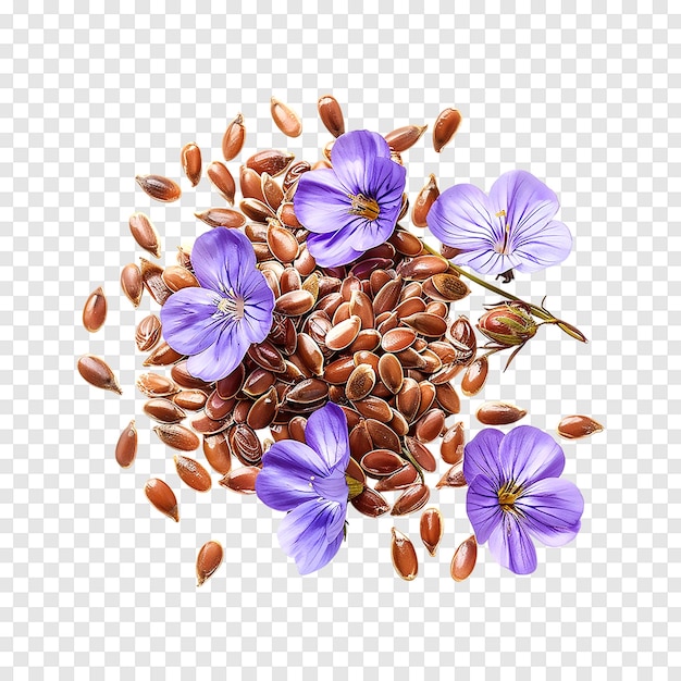 PSD flax seeds with flower isolated on a transparent background