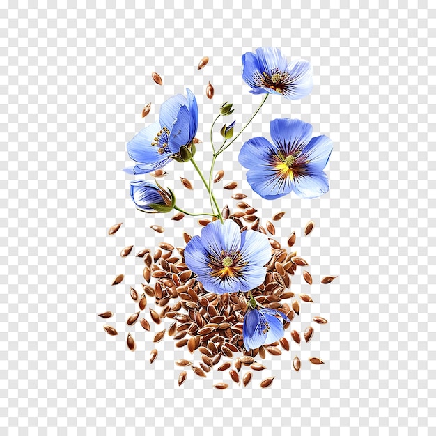 PSD flax seeds with flower isolated on a transparent background