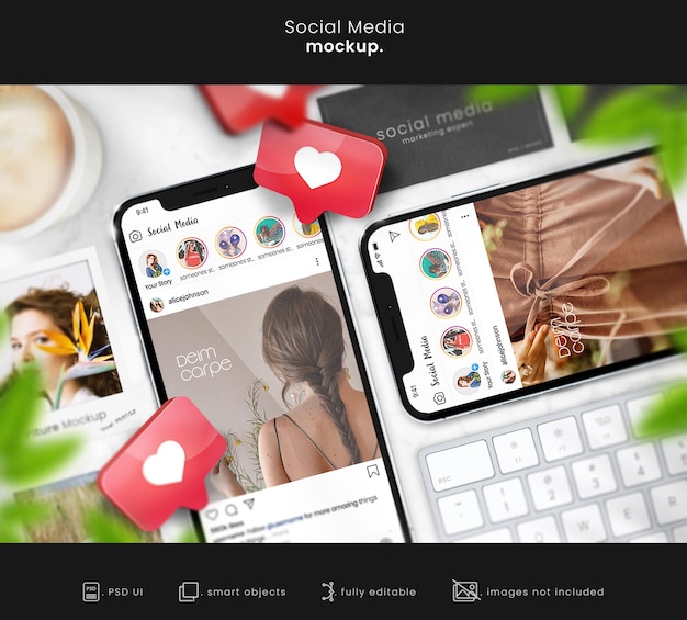 flaylay Instagram mockup for social media and business card mockup on marble surface