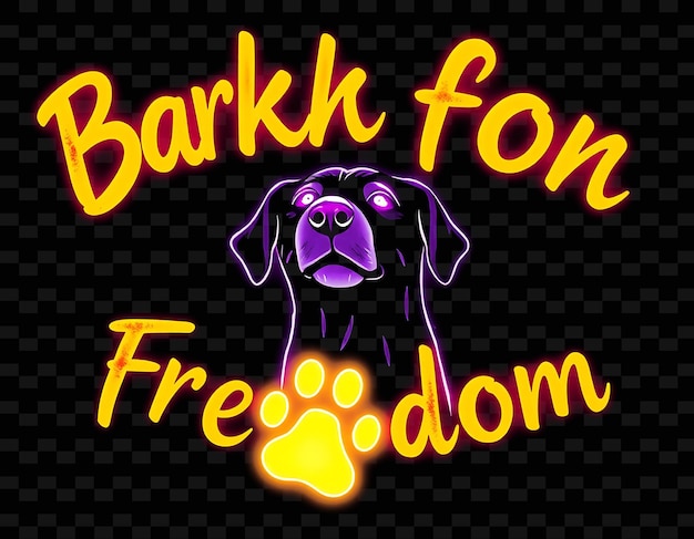 Flickering Bark for Freedom Text in Neon Gold and Rich Purple With a Luminescent Dog and Glowing Paw