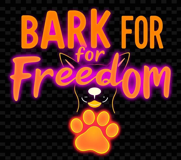 PSD flickering bark for freedom text in neon gold and rich purple with a luminescent dog and glowing paw