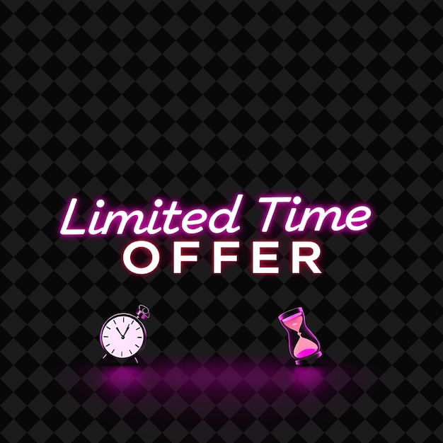 PSD flickering limited time offer text in neon vibrant plum and orchid with ticking clocks and hourglass