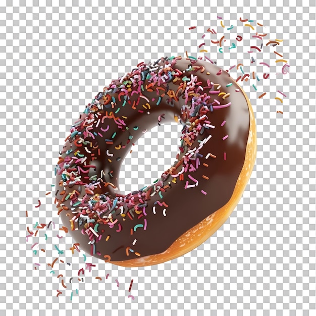 PSD flight of chocolate iced donut with sprinkles on transparent background