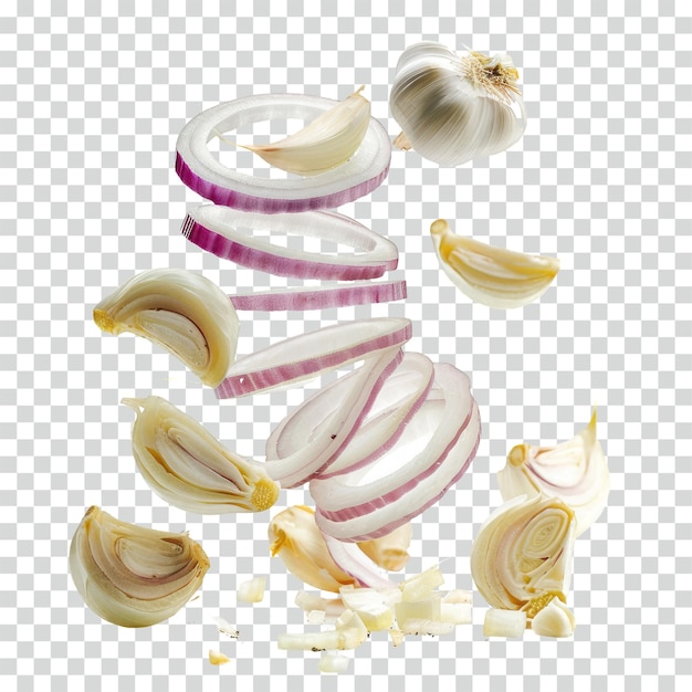 fliying sliced onion and garlic transparent background