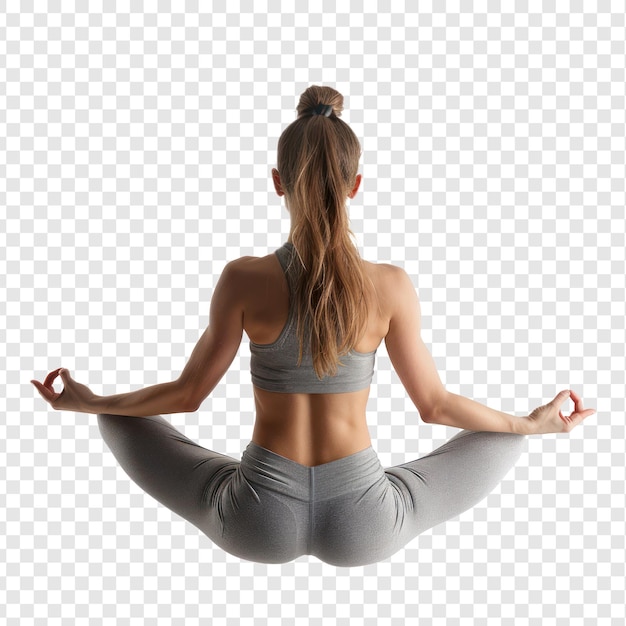 PSD floated back view of young woman doing yoga in the air isolate on transparency background psd