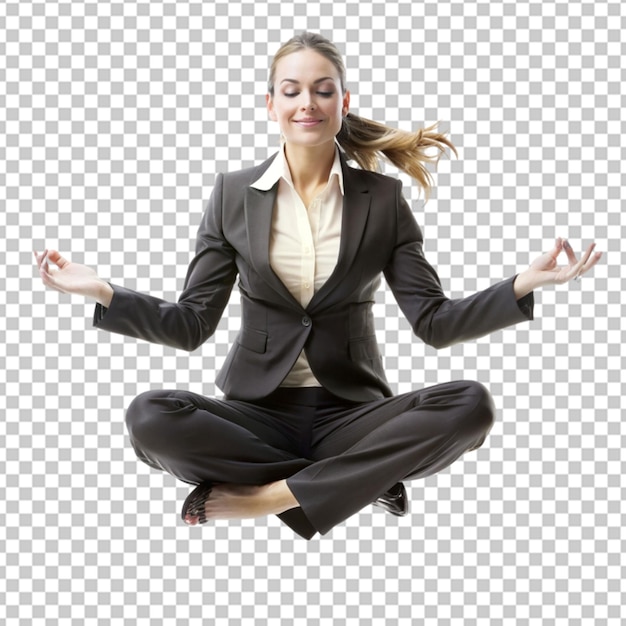 PSD floated business woman doing yoga in the air transparent png