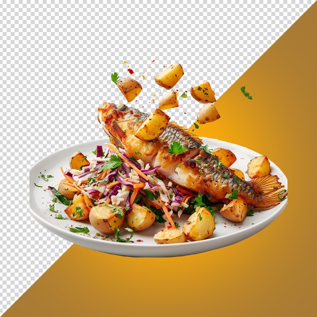 PSD floated fried tilapia with slaw and roasted potato isolated on white