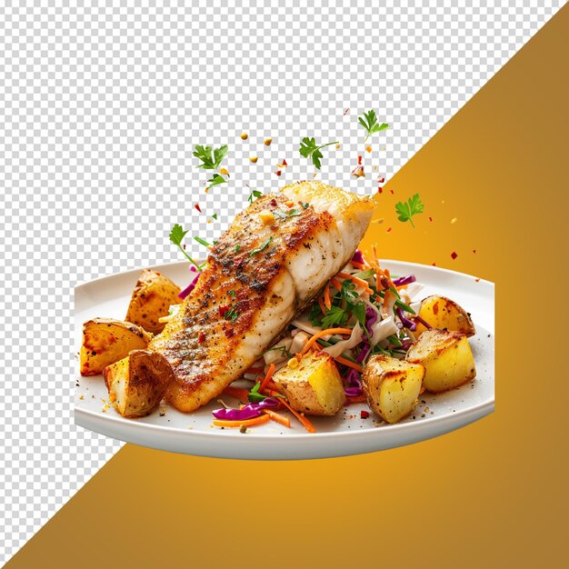 PSD floated fried tilapia with slaw and roasted potato isolated on white