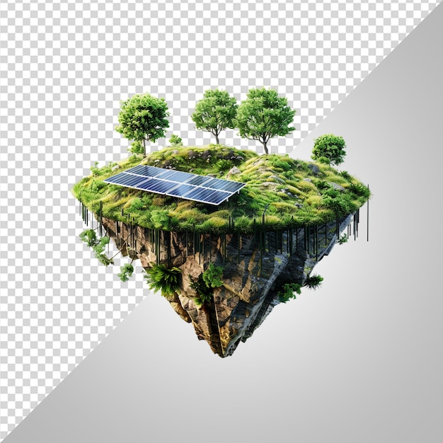 floated green grass island with waterfall and solar png