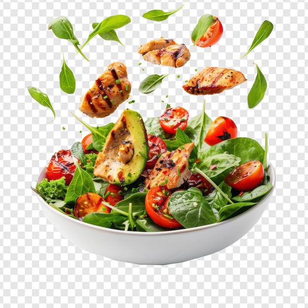 floated Grilled chicken meat and fresh vegetable salad of tomato on transparency background PSD