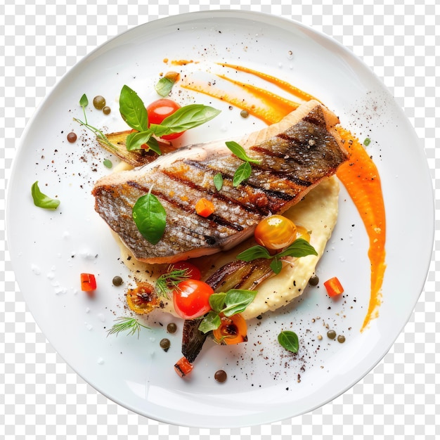 floated Grilled fish with lentil puree and vegetables seen on transparency background PSD