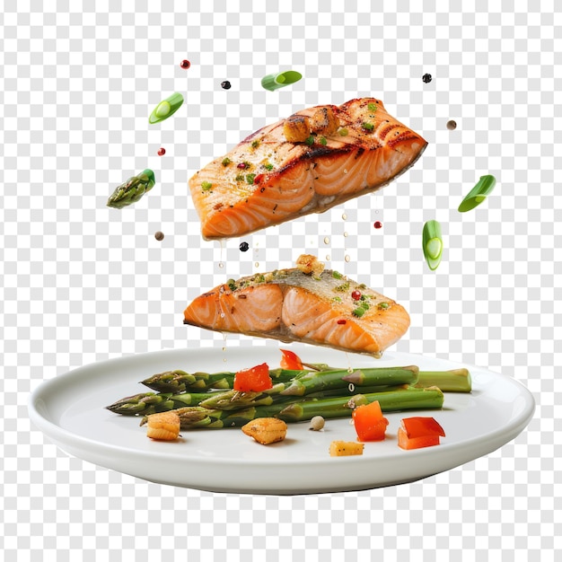 PSD floated grilled salmon and asparagus falling into a plate isolate on transparency background psd