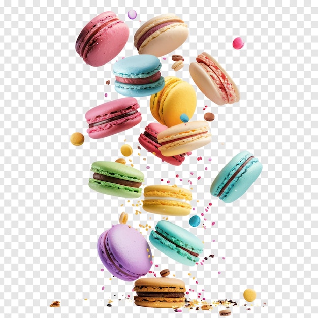 PSD floated macaroons falling vibrate color isolate on transparency background psd