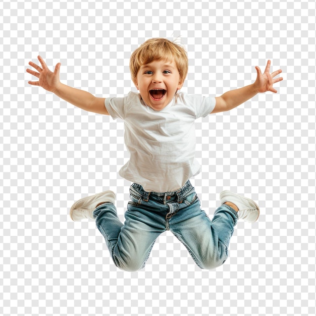 Floated overjoyed little boy jumping and gesturing happiness isolate on transparency background PSD