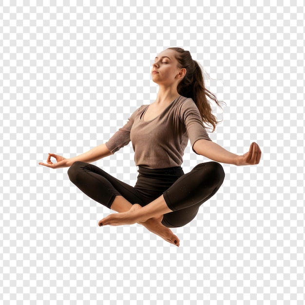 floated young woman doing yoga in the air isolate on transparency background PSD