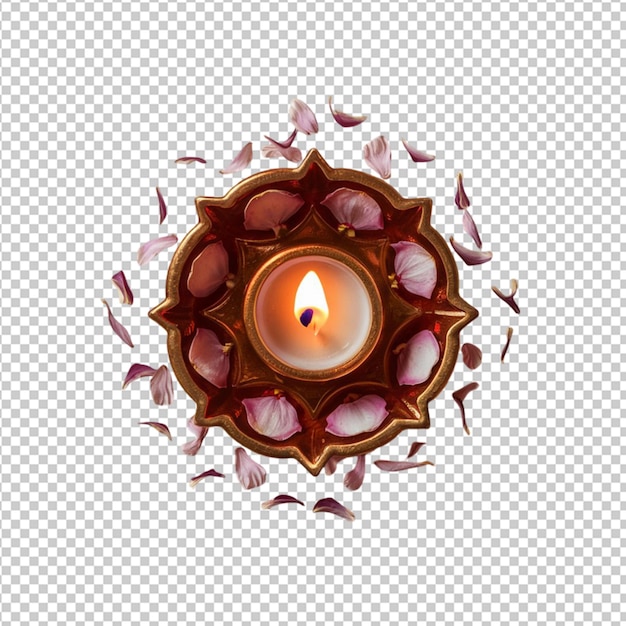 PSD floating diya with flower petals and a burning wick isolated