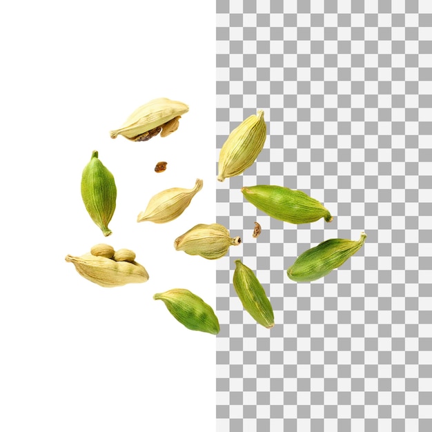 Floating Of Green Cardamom Isolated Transparent Background