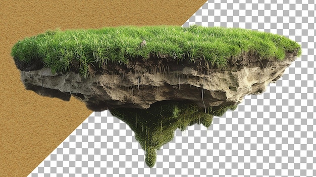 floating island made of dirt with grass on top flat with nothing else on the island plain white back