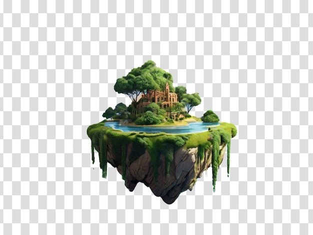 PSD floating island with greenery and beautiful landscape scenery fantasy scenery with floating island