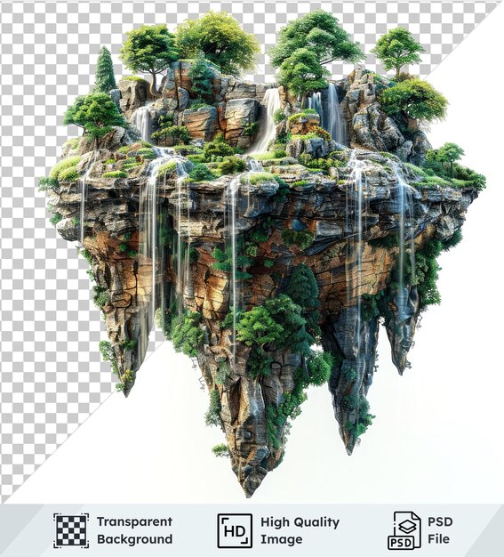 Floating islands waterfalls rocks in the middle on transparent background