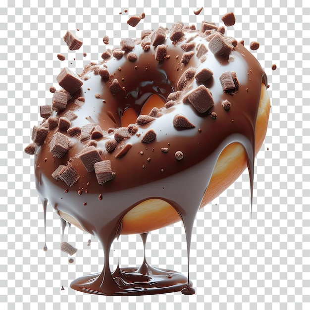 A floating melted chocolate crunchy donut transparent background