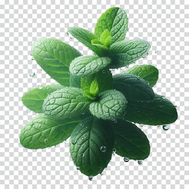 floating mint leaves with water droplets transparent background