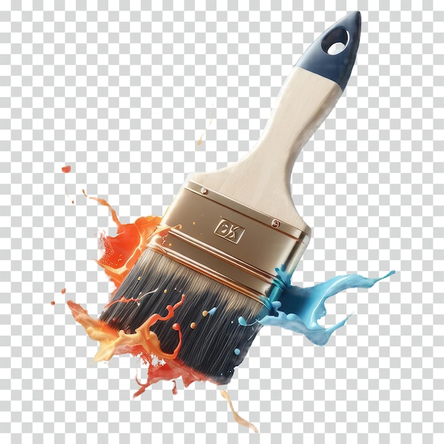 A floating paint brush with paint splashed transparent background