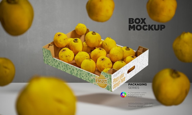 PSD floating quince cardboard tray or box mockup