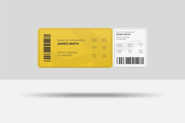 PSD floating rounded corner boarding pass or airplane ticket mockup design