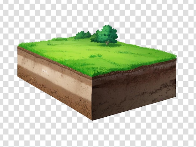 Floating slice of land with green grass surface and soil section flying land grass texture isolated