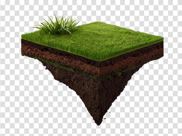 Floating slice of land with green grass surface and soil section flying land grass texture isolated