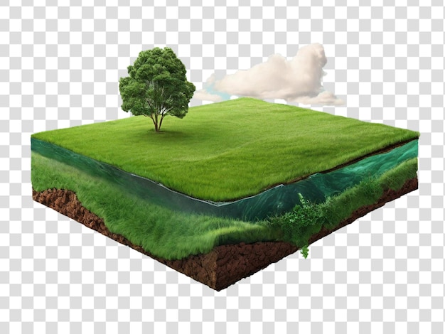 Floating slice of land with green grass surface and soil section flying land grass texture isolated