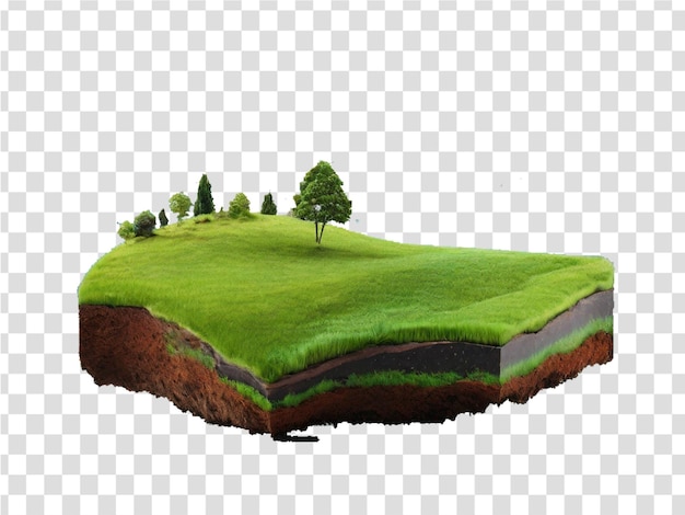 Floating slice of land with green grass surface and soil section flying land grass texture isolated