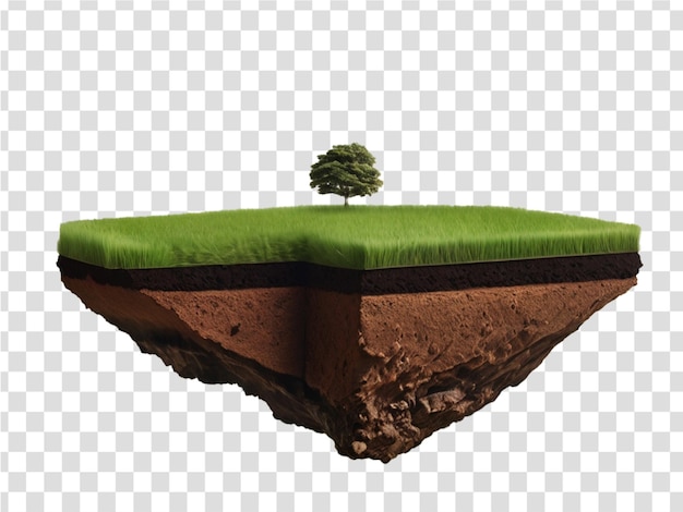 Floating slice of land with green grass surface and soil section flying land grass texture isolated