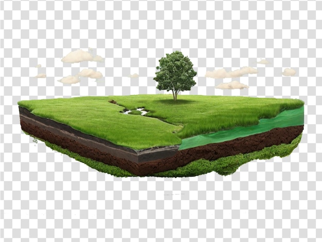 Floating slice of land with green grass surface and soil section flying land grass texture isolated