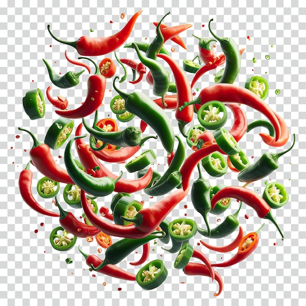 Floating sliced chilis transparent background