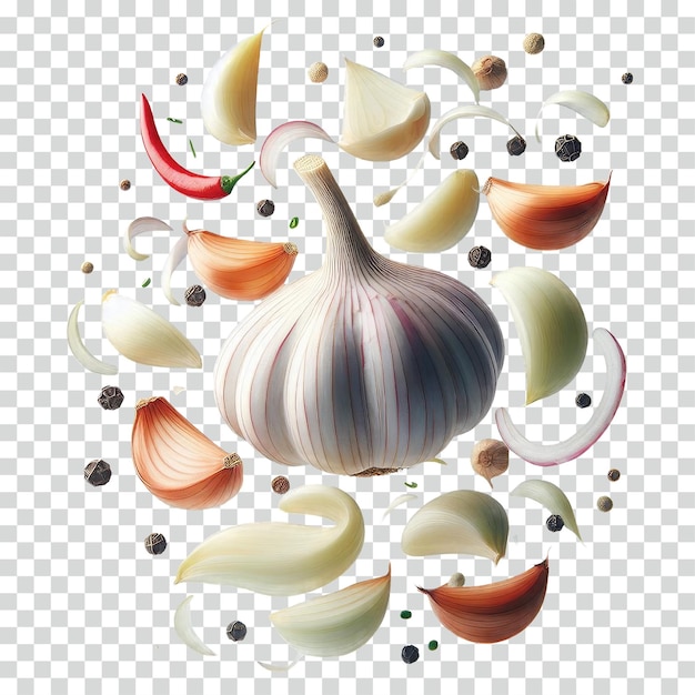 PSD floating sliced garlic onion and some pepper transparent background